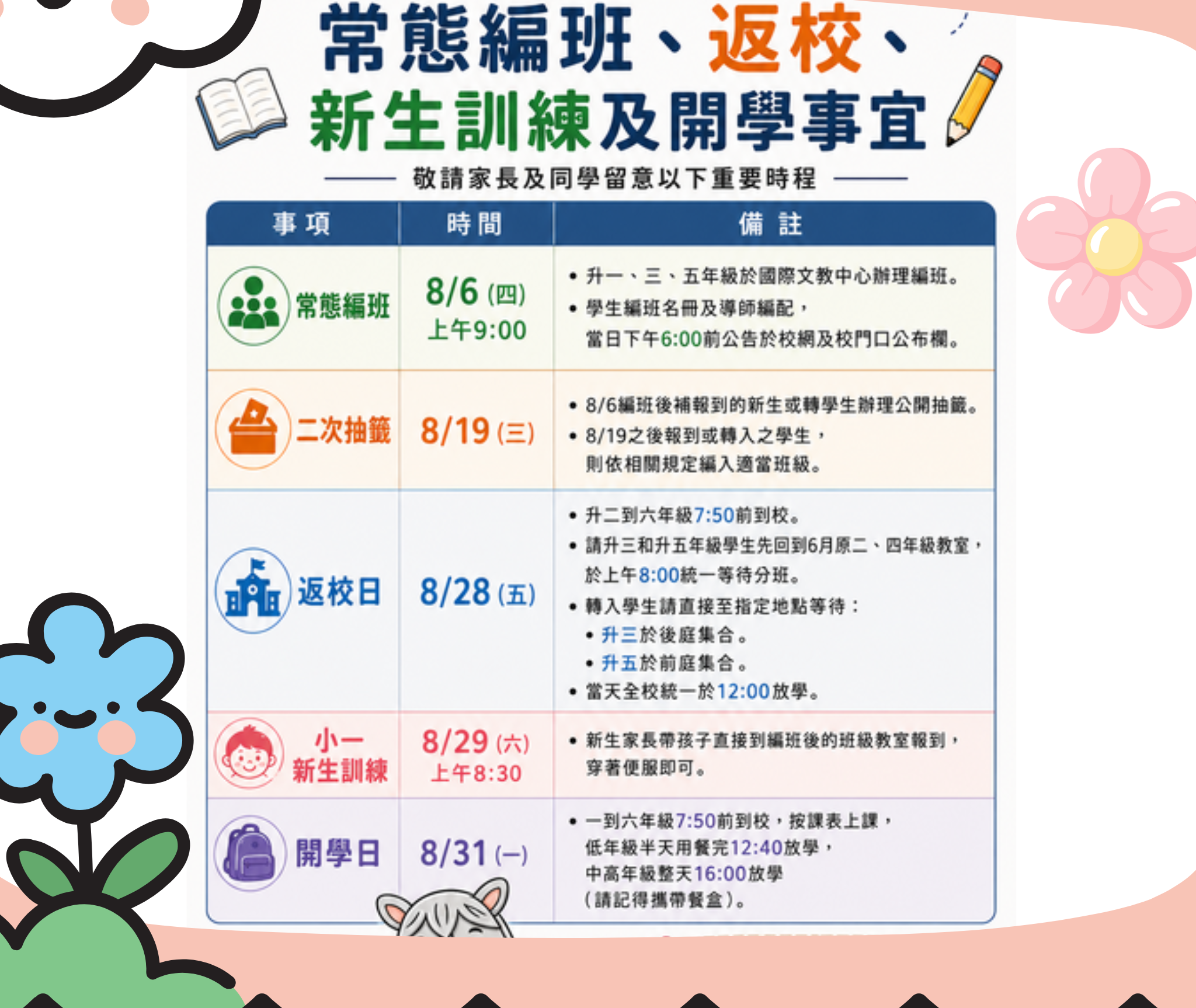 常態編班.返校.新生訓練.開學時程公告